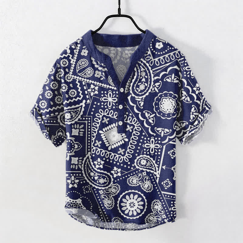 Buddha Stones Camicia da uomo classica in cotone bianco con motivo paisley, maniche corte e mezza bottoni. - Marina - US/UK/AU50, EU60 (5XL) - image 5