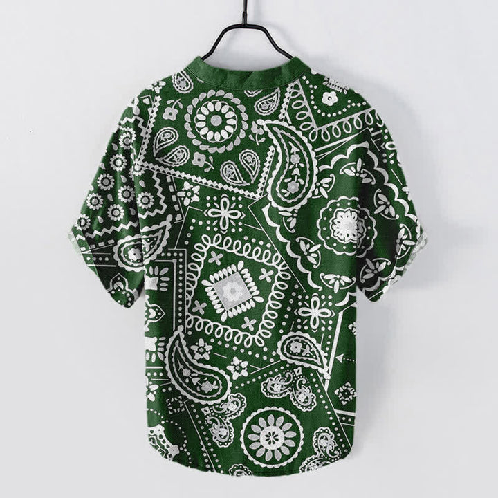 Buddha Stones Camicia da uomo classica in cotone bianco con motivo paisley, maniche corte e mezza bottoni. - image 8