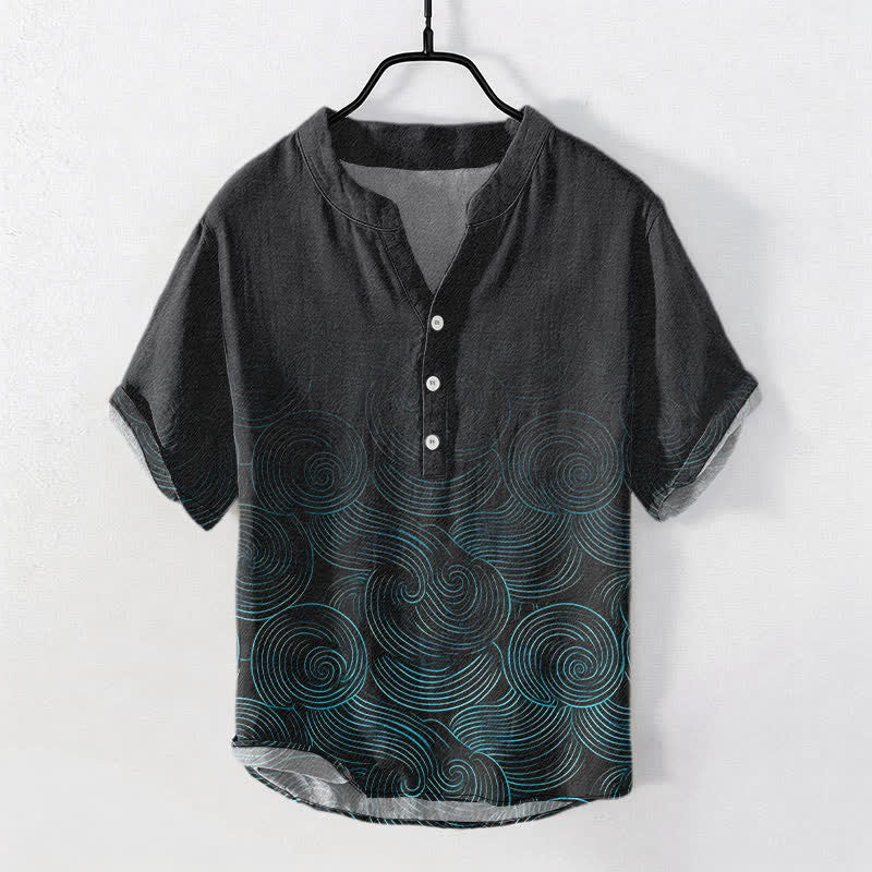 Buddha Stones Camicia da uomo a maniche corte con mezza abbottonatura, in cotone con motivo a onde concentriche. - Nero - US/UK/AU50, EU60 (5XL) - image 0