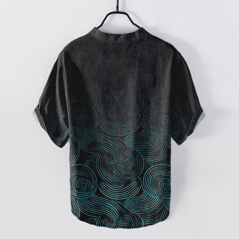 Buddha Stones Camicia da uomo a maniche corte con mezza abbottonatura, in cotone con motivo a onde concentriche. - image 1