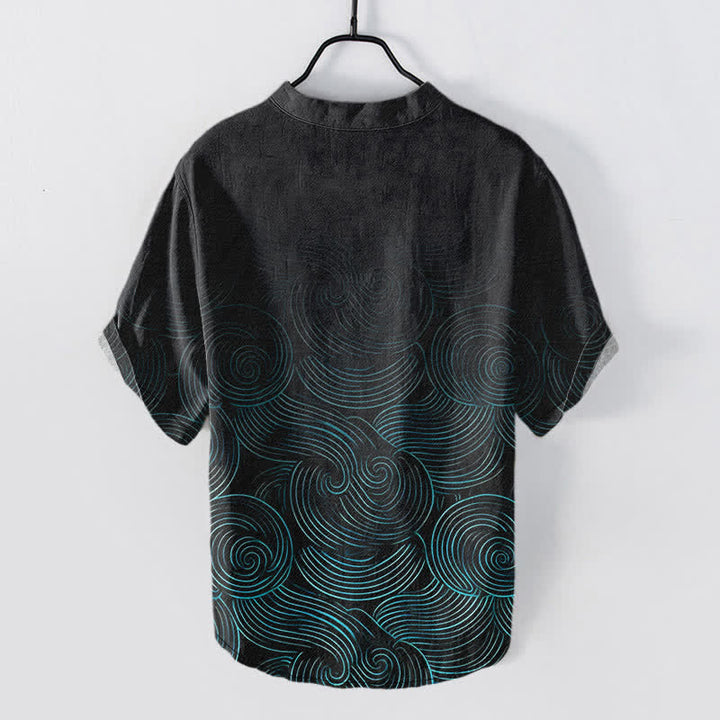 Buddha Stones Camicia da uomo a maniche corte con mezza abbottonatura, in cotone con motivo a onde concentriche. - image 1