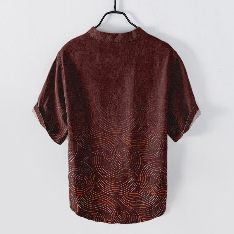 Buddha Stones Camicia da uomo a maniche corte con mezza abbottonatura, in cotone con motivo a onde concentriche. - image 6
