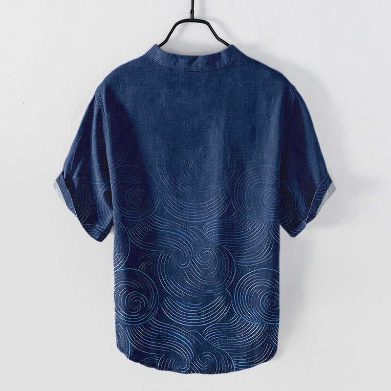 Buddha Stones Camicia da uomo a maniche corte con mezza abbottonatura, in cotone con motivo a onde concentriche. - image 8
