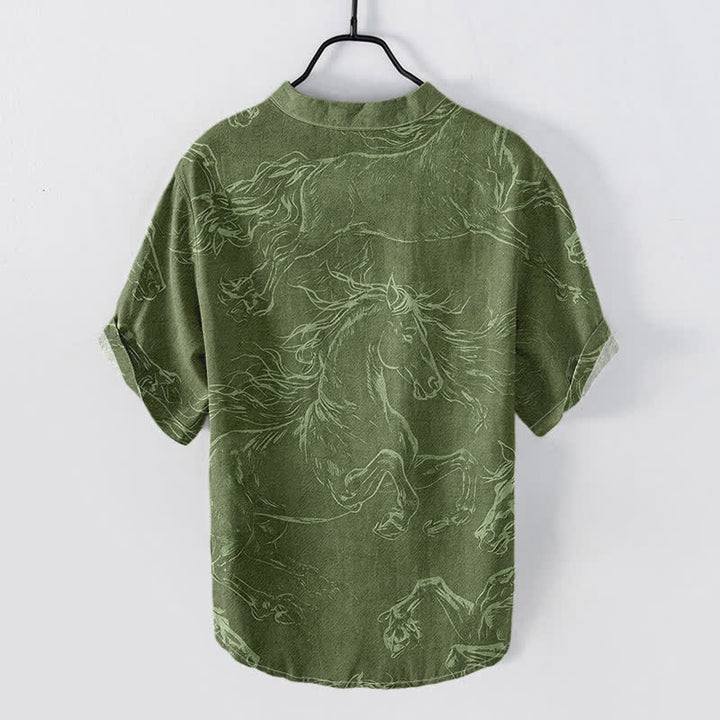 Buddha Stones Camicia da uomo a maniche corte con mezzo bottone, in cotone, con motivo a cavalli al galoppo. - image 1