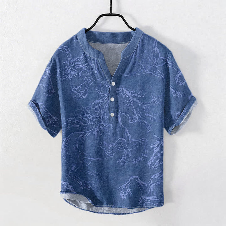 Buddha Stones Camicia da uomo a maniche corte con mezzo bottone, in cotone, con motivo a cavalli al galoppo. - SteelBlue - US/UK/AU50, EU60 (5XL) - image 5