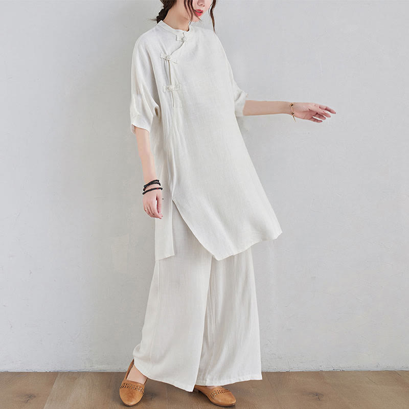 Buddha Stones 2 pezzi design semplice Zen Tai Chi Meditazione Abbigliamento cotone lino Top Pantaloni Set da donna - image 14