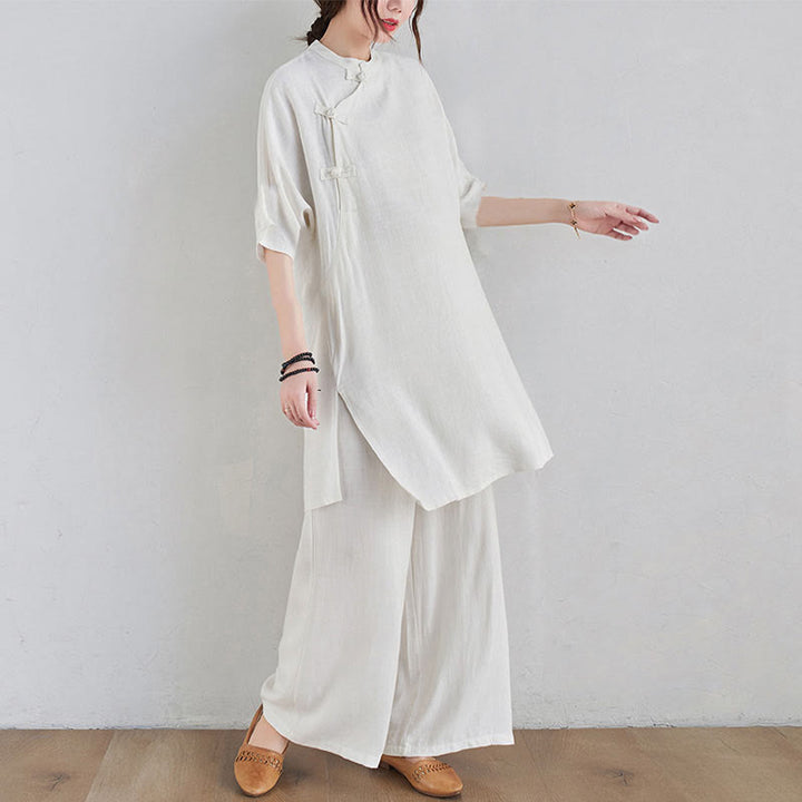 Buddha Stones 2 pezzi design semplice Zen Tai Chi Meditazione Abbigliamento cotone lino Top Pantaloni Set da donna - image 14