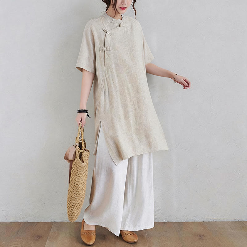 Buddha Stones 2 pezzi design semplice Zen Tai Chi Meditazione Abbigliamento cotone lino Top Pantaloni Set da donna - image 6