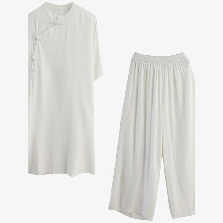Buddha Stones 2 pezzi design semplice Zen Tai Chi Meditazione Abbigliamento cotone lino Top Pantaloni Set da donna - image 18