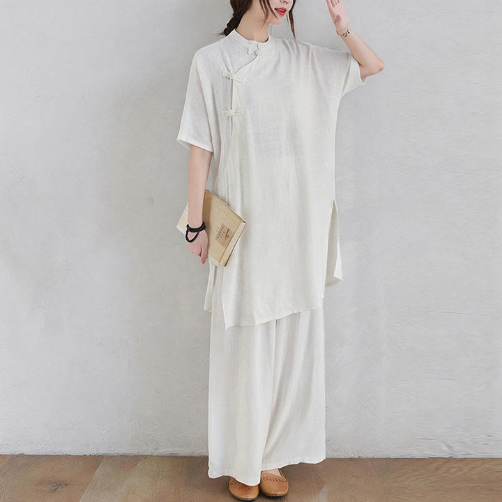 Buddha Stones 2 pezzi design semplice Zen Tai Chi Meditazione Abbigliamento cotone lino Top Pantaloni Set da donna - image 17