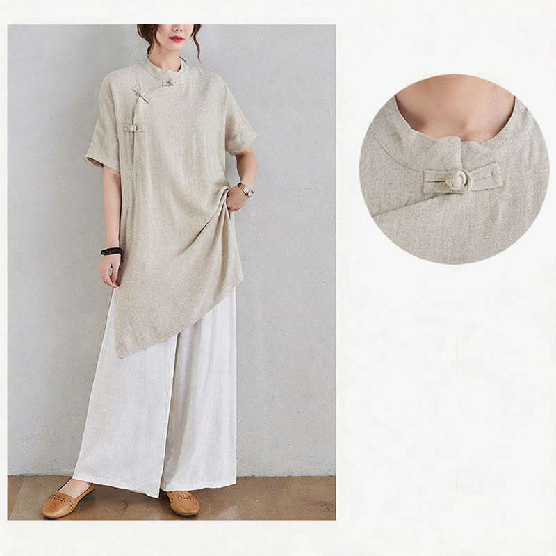 Buddha Stones 2 pezzi design semplice Zen Tai Chi Meditazione Abbigliamento cotone lino Top Pantaloni Set da donna - image 9