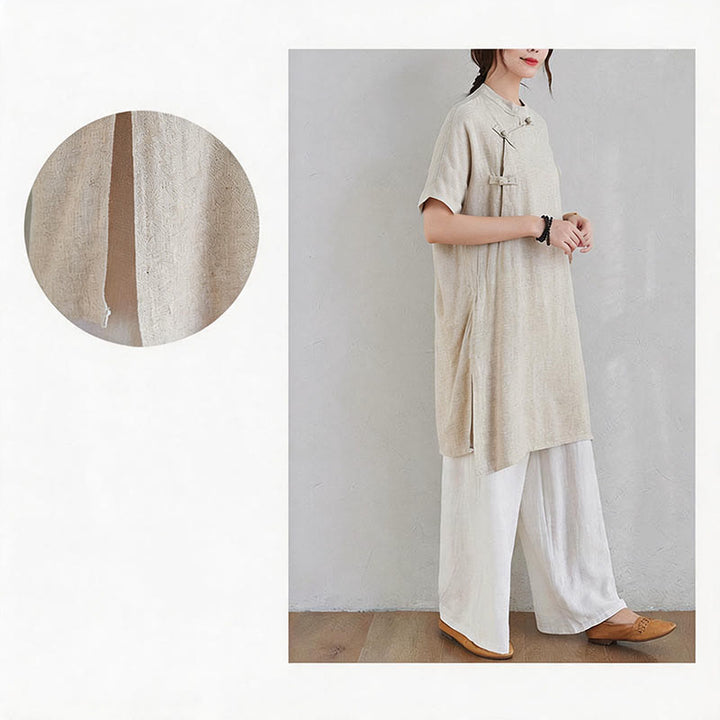 Buddha Stones 2 pezzi design semplice Zen Tai Chi Meditazione Abbigliamento cotone lino Top Pantaloni Set da donna - image 10