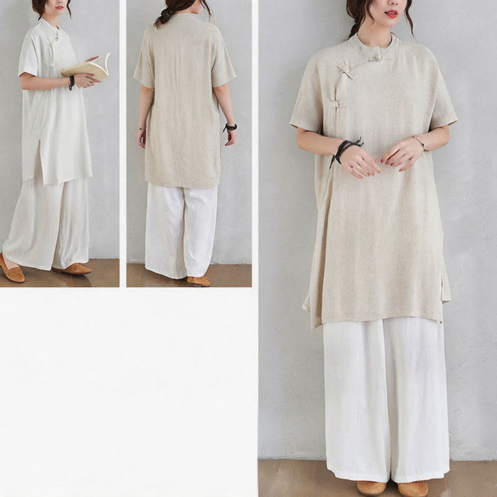 Buddha Stones 2 pezzi design semplice Zen Tai Chi Meditazione Abbigliamento cotone lino Top Pantaloni Set da donna - image 12