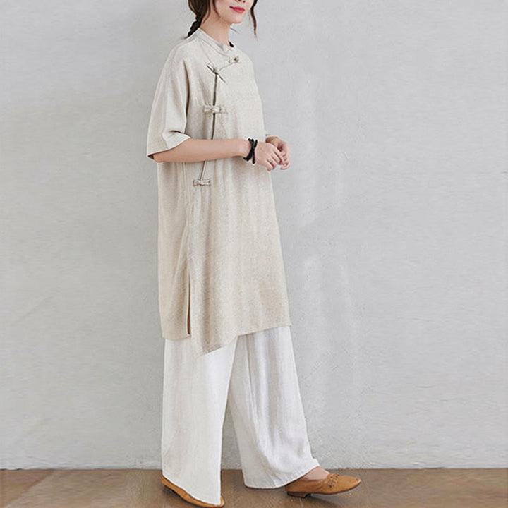 Buddha Stones 2 pezzi design semplice Zen Tai Chi Meditazione Abbigliamento cotone lino Top Pantaloni Set da donna - image 7