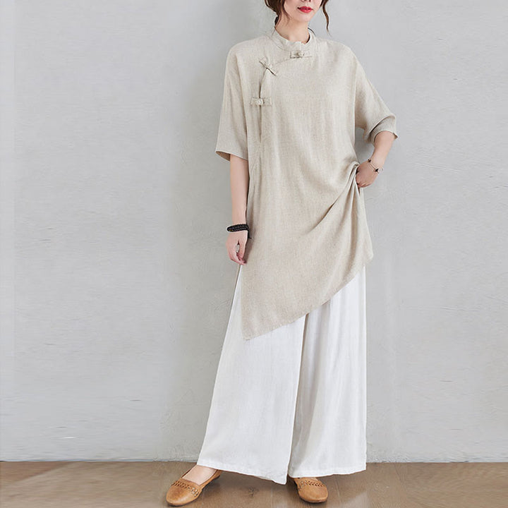 Buddha Stones 2 pezzi design semplice Zen Tai Chi Meditazione Abbigliamento cotone lino Top Pantaloni Set da donna - Top beige e pantaloni bianchi - US12, UK/AU16, EU44 (2XL) - image 0