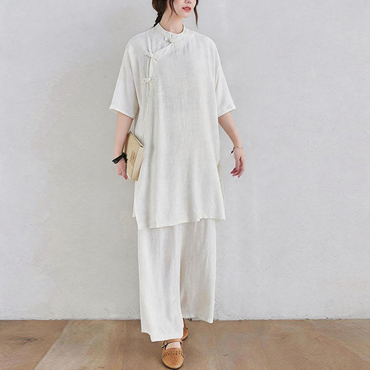 Buddha Stones 2 pezzi design semplice Zen Tai Chi Meditazione Abbigliamento cotone lino Top Pantaloni Set da donna - image 16