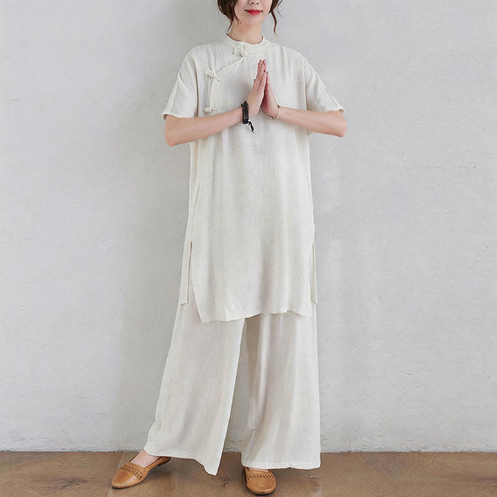 Buddha Stones 2 pezzi design semplice Zen Tai Chi Meditazione Abbigliamento cotone lino Top Pantaloni Set da donna - image 15