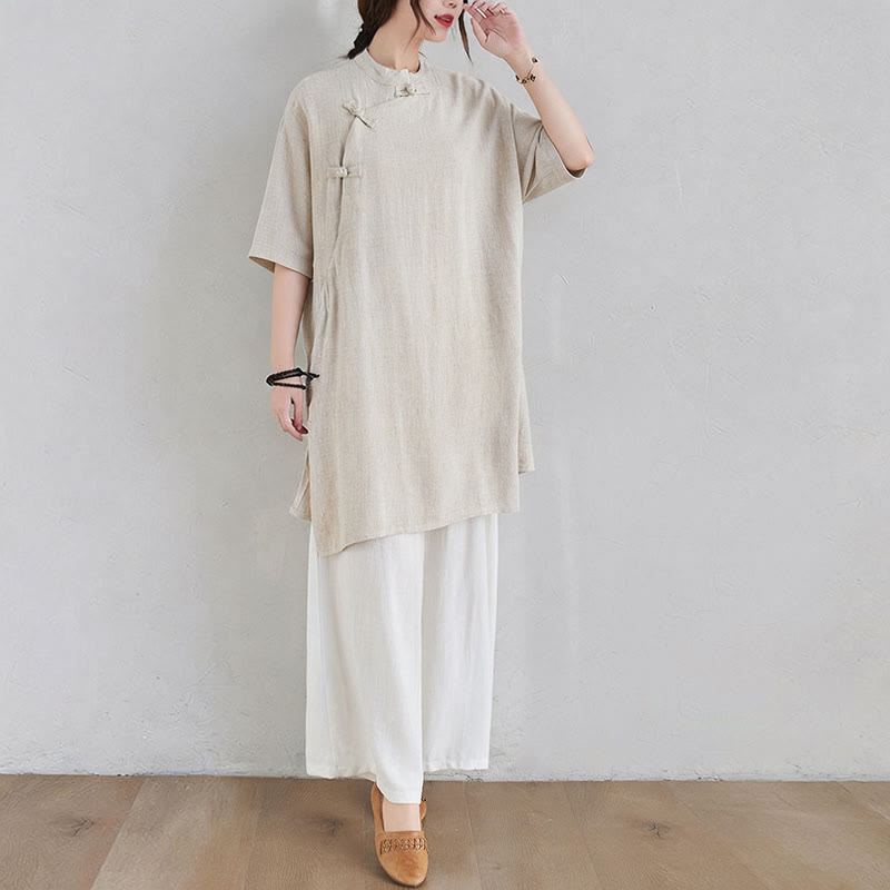Buddha Stones 2 pezzi design semplice Zen Tai Chi Meditazione Abbigliamento cotone lino Top Pantaloni Set da donna - image 3