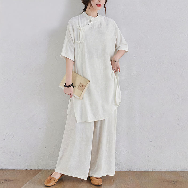Buddha Stones 2 pezzi design semplice Zen Tai Chi Meditazione Abbigliamento cotone lino Top Pantaloni Set da donna - Bianco (maglietta e pantaloni) - US12, UK/AU16, EU44 (2XL) - image 13