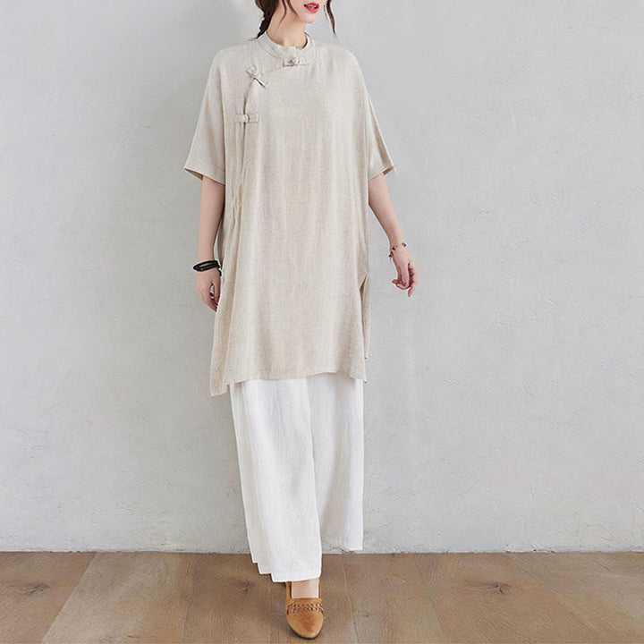 Buddha Stones 2 pezzi design semplice Zen Tai Chi Meditazione Abbigliamento cotone lino Top Pantaloni Set da donna - image 2