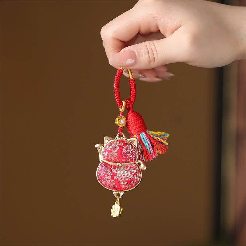 Buddha Stones Portachiavi con nappa e gatto portafortuna in broccato Song - Rosso - image 0