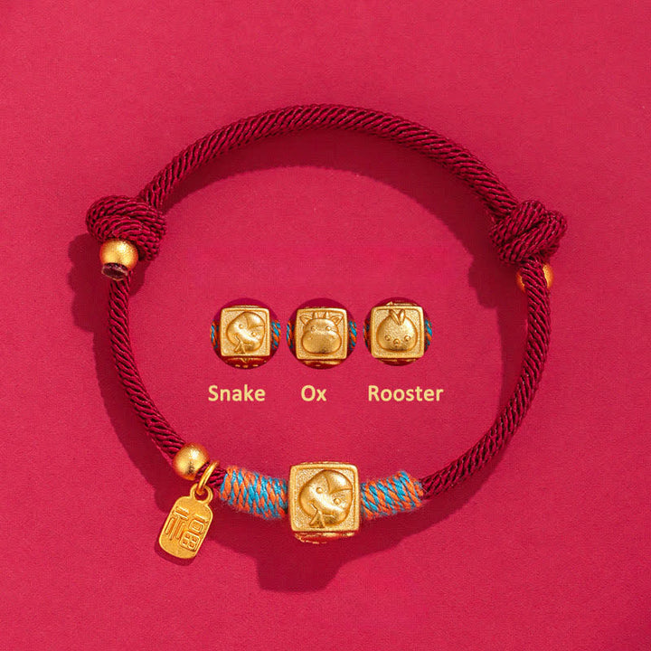 Buddha Stones Braccialetto fatto a mano con ciondoli portafortuna Fu dello zodiaco cinese, con cordino rosso. - Bracciale rosso in argento 999 con serpente, bue e gallo, tre armonie. - Argento (Benedizione♥Calma) - image 2