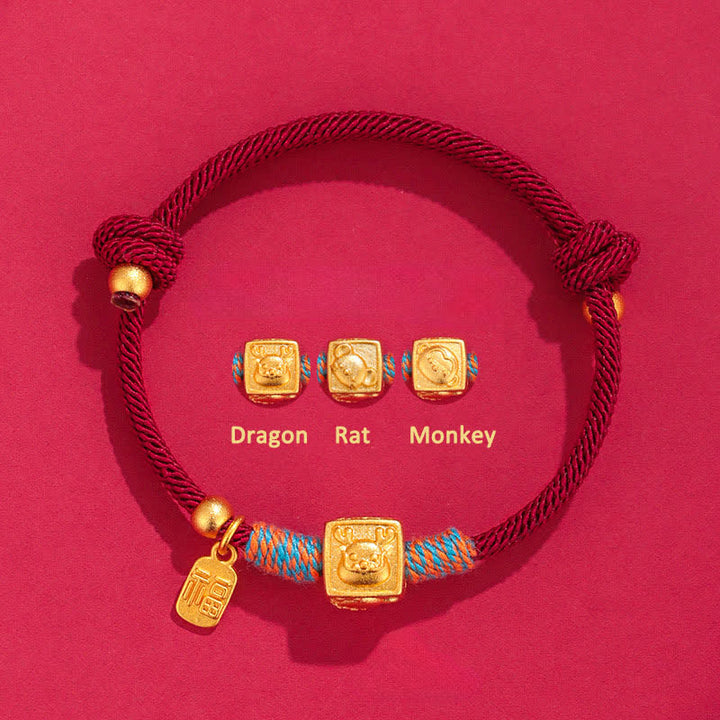 Buddha Stones Braccialetto fatto a mano con ciondoli portafortuna Fu dello zodiaco cinese, con cordino rosso. - Bracciale rosso con drago, topo e scimmia in argento 999 a tre armonie - Argento (Benedizione♥Calma) - image 3