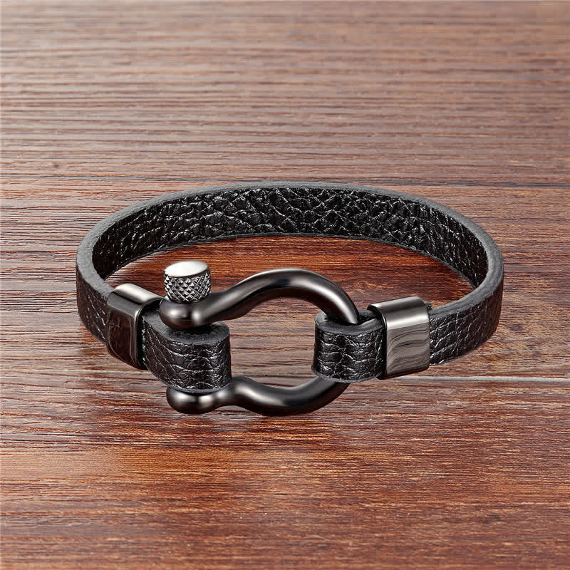 Buddha Stones Bracciale in pelle, titanio e acciaio con maglie rinforzate. - Pelle nera con fibbia nera (circonferenza del polso: 18-19 cm) - image 0