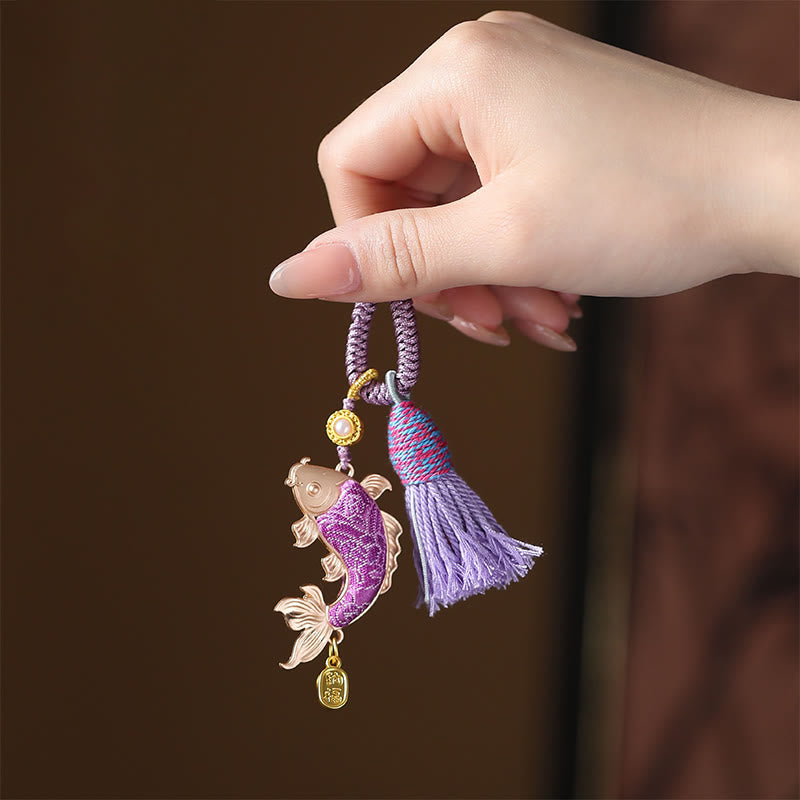 Buddha Stones Portachiavi portafortuna con pesci koi in broccato Song - Viola - image 1