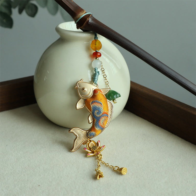 Buddha Stones Portachiavi Song Brocade con pesci koi e loto, simbolo di ricchezza - image 3