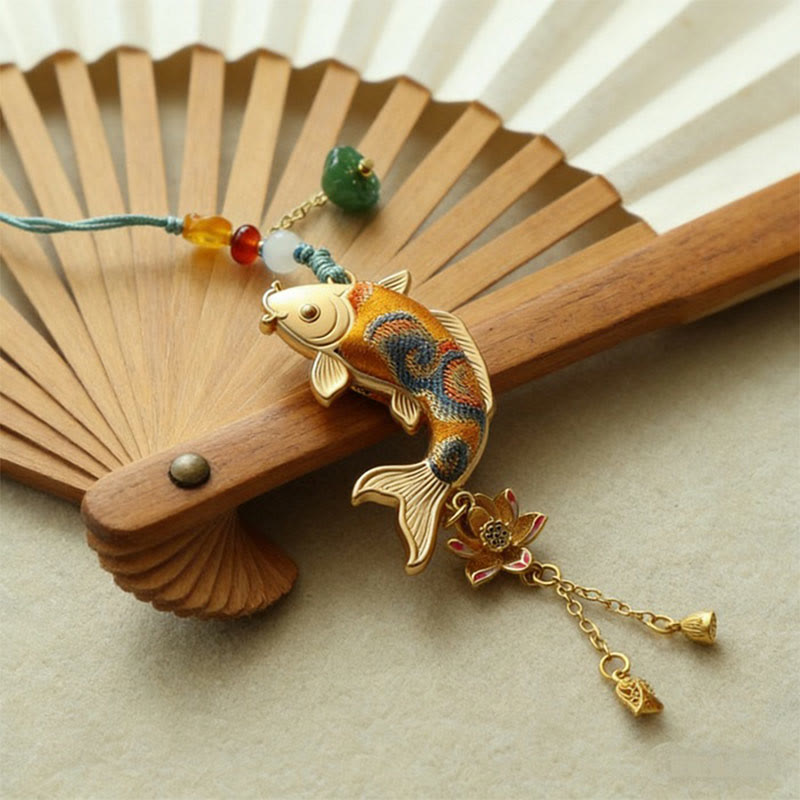 Buddha Stones Portachiavi Song Brocade con pesci koi e loto, simbolo di ricchezza - image 0