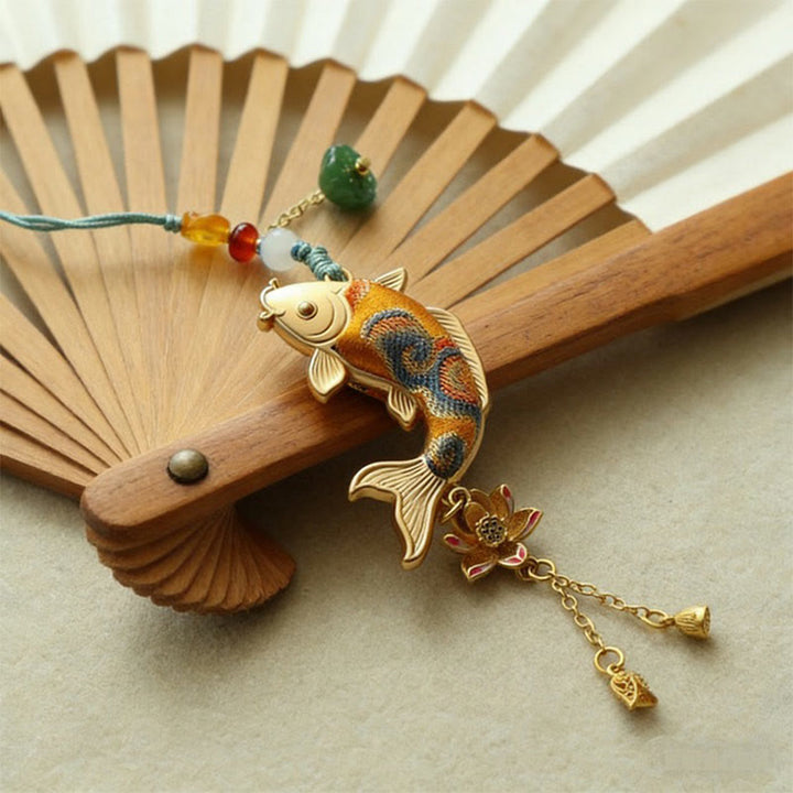 Buddha Stones Portachiavi Song Brocade con pesci koi e loto, simbolo di ricchezza - image 0