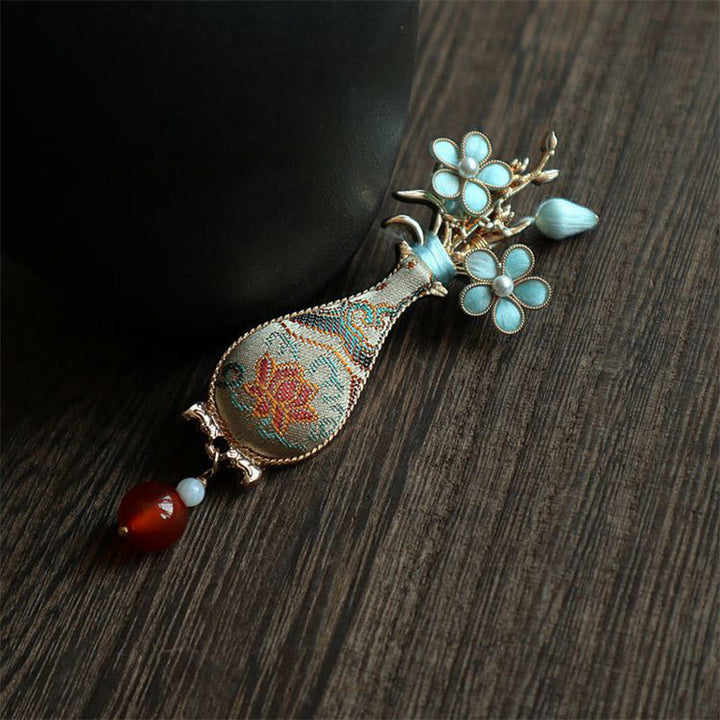 Buddha Stones Spilla elegante con design a vaso di fiori in broccato Song. - image 6