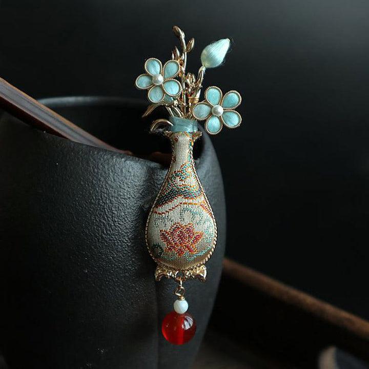 Buddha Stones Spilla elegante con design a vaso di fiori in broccato Song. - image 4
