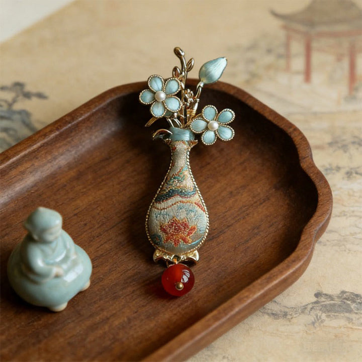 Buddha Stones Spilla elegante con design a vaso di fiori in broccato Song. - image 2