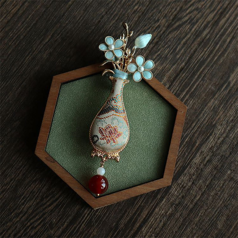 Buddha Stones Spilla elegante con design a vaso di fiori in broccato Song. - image 1