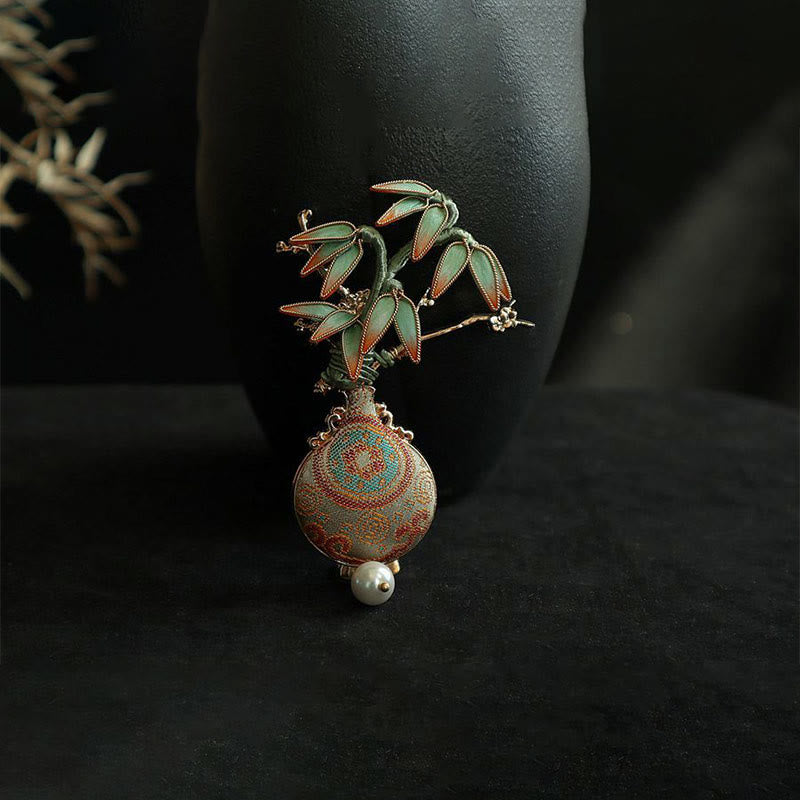 Buddha Stones Spilla con design a foglie di bambù e broccato Song, vaso con motivo a broccato, equilibrio - image 7