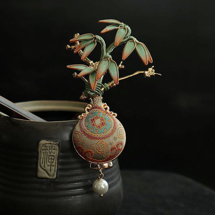Buddha Stones Spilla con design a foglie di bambù e broccato Song, vaso con motivo a broccato, equilibrio - image 6