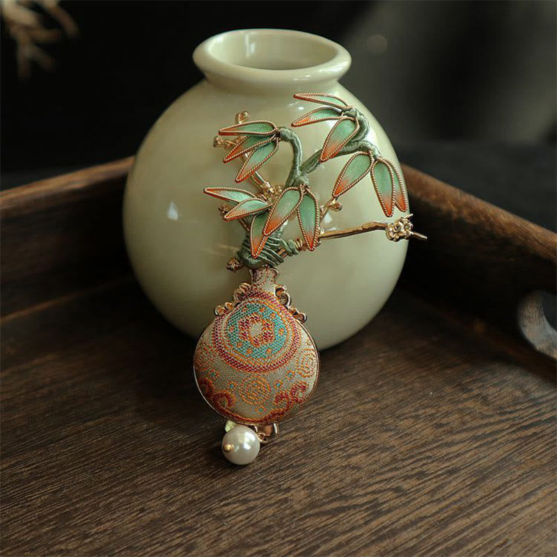 Buddha Stones Spilla con design a foglie di bambù e broccato Song, vaso con motivo a broccato, equilibrio - image 5