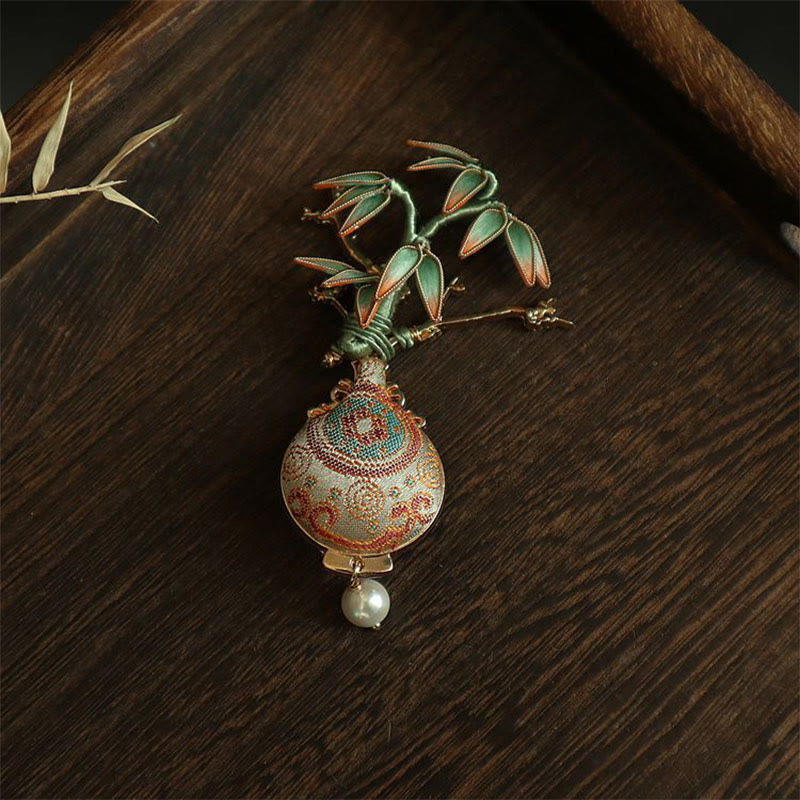Buddha Stones Spilla con design a foglie di bambù e broccato Song, vaso con motivo a broccato, equilibrio - image 8