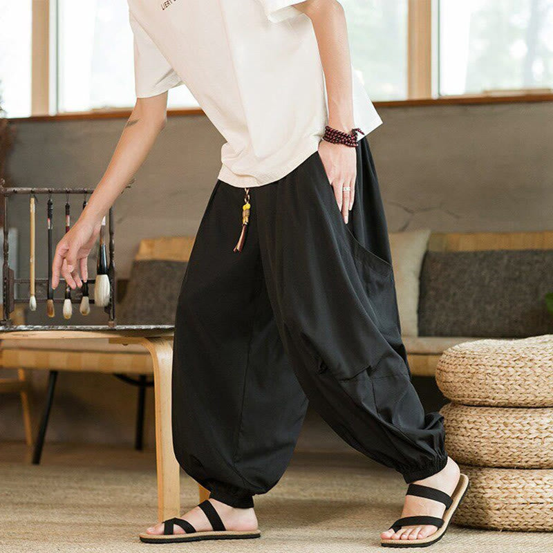 Buddha Stones Pantaloni estivi casual vintage con coulisse, lunghezza alla caviglia, da uomo, modello harem con tasche. - Nero - US/UK/AU46, EU56 (5XL) - image 0