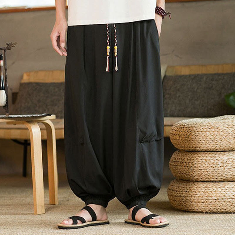 Buddha Stones Pantaloni estivi casual vintage con coulisse, lunghezza alla caviglia, da uomo, modello harem con tasche. - image 1