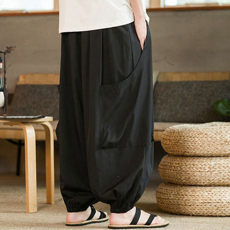 Buddha Stones Pantaloni estivi casual vintage con coulisse, lunghezza alla caviglia, da uomo, modello harem con tasche. - image 3