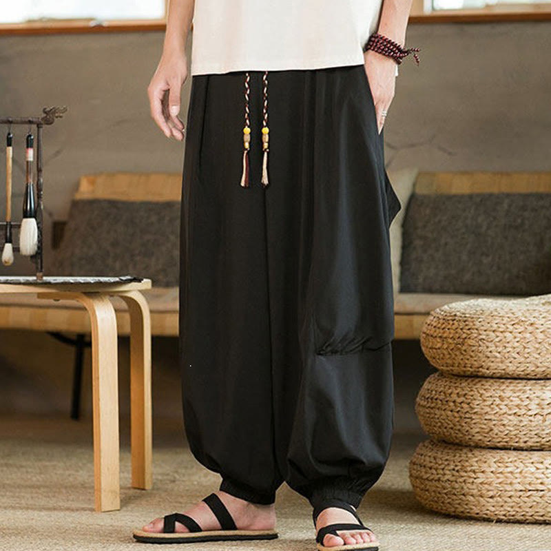 Buddha Stones Pantaloni estivi casual vintage con coulisse, lunghezza alla caviglia, da uomo, modello harem con tasche. - image 7