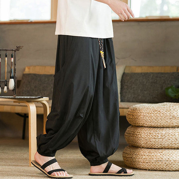 Buddha Stones Pantaloni estivi casual vintage con coulisse, lunghezza alla caviglia, da uomo, modello harem con tasche. - image 4