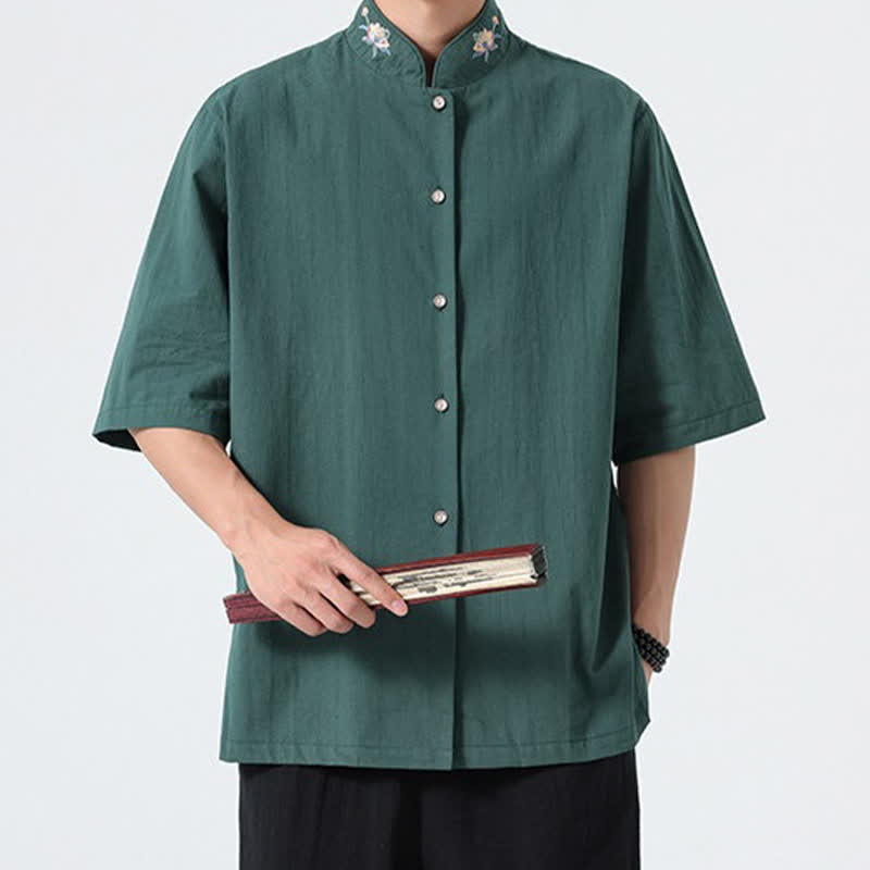 Buddha Stones Camicia da uomo tinta unita stile Tang estiva con colletto alla coreana e ricamo a loto. - image 5