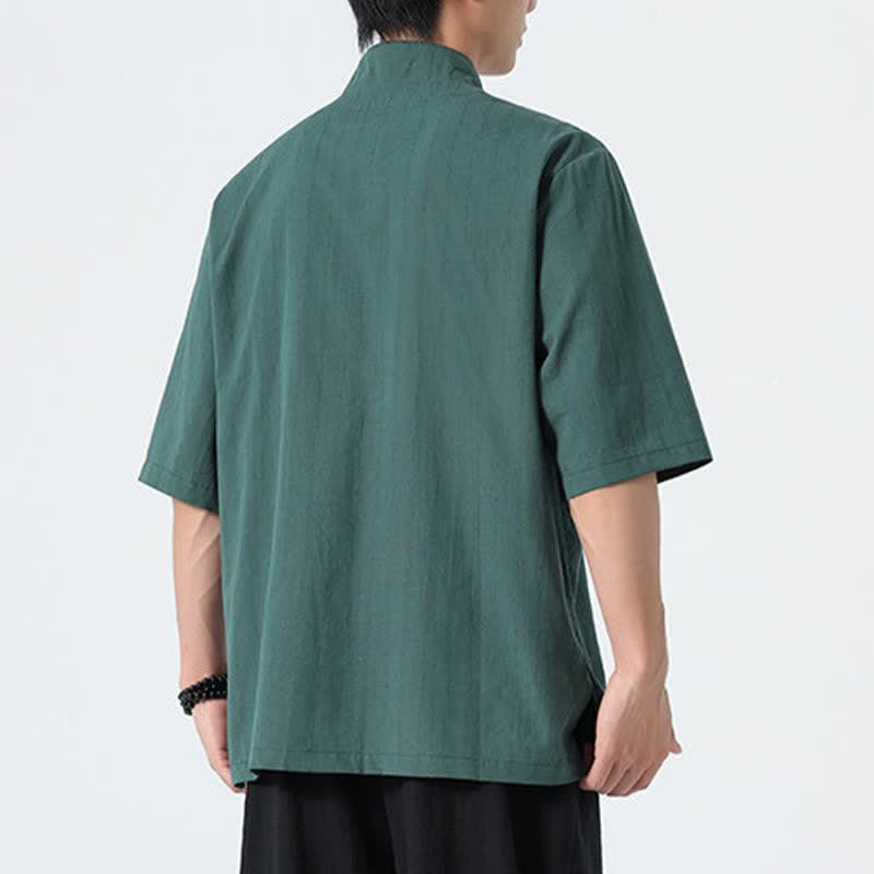 Buddha Stones Camicia da uomo tinta unita stile Tang estiva con colletto alla coreana e ricamo a loto. - image 4