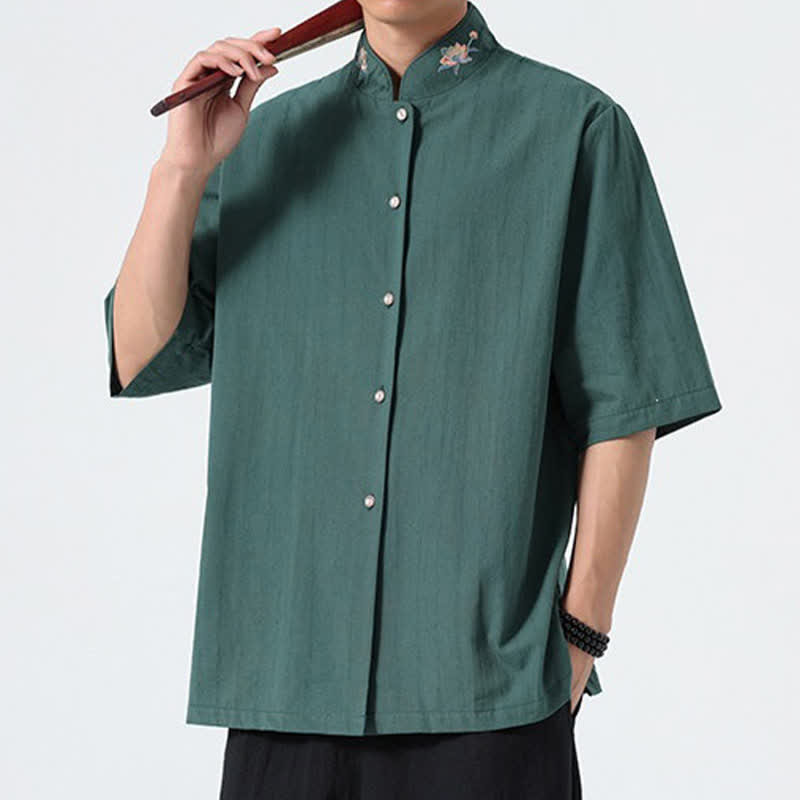 Buddha Stones Camicia da uomo tinta unita stile Tang estiva con colletto alla coreana e ricamo a loto. - image 7