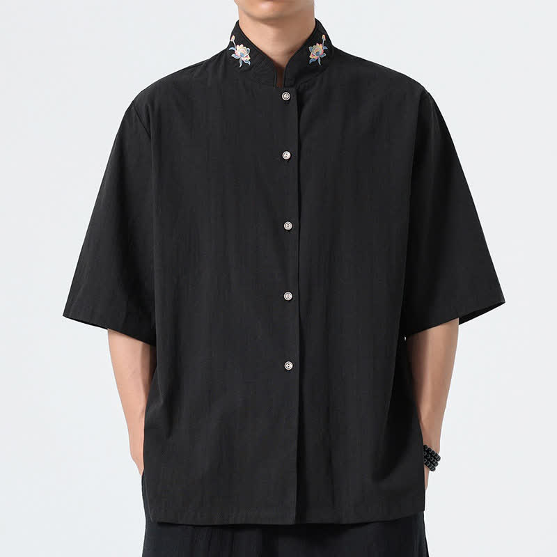 Buddha Stones Camicia da uomo tinta unita stile Tang estiva con colletto alla coreana e ricamo a loto. - Nero - US/UK/AU46, EU56 (5XL) - image 8