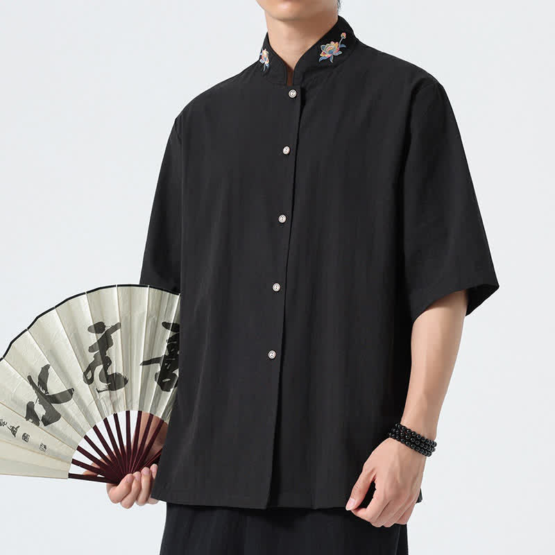 Buddha Stones Camicia da uomo tinta unita stile Tang estiva con colletto alla coreana e ricamo a loto. - image 10